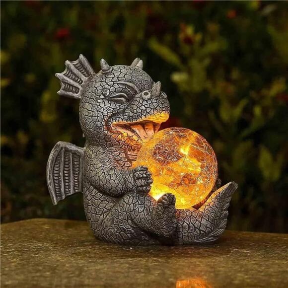 Garden Dragon Statues - Adorable Baby Resin Dragon Figurines, Holding Magic - Picture 1 of 6